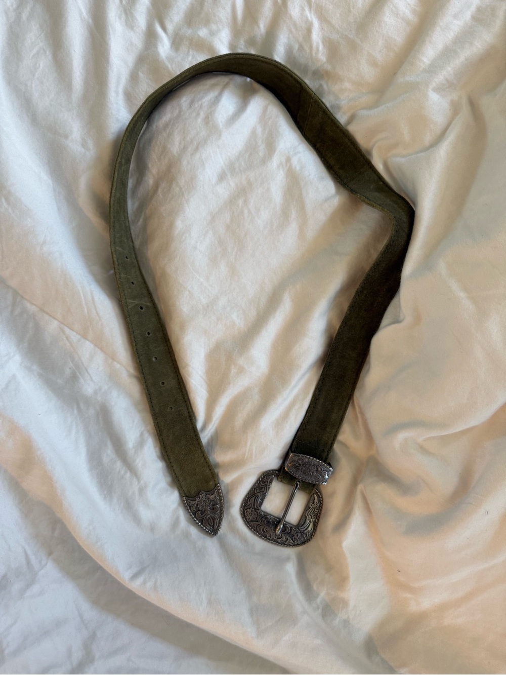 Olive Suede Belt with Decorative Silver Buckle